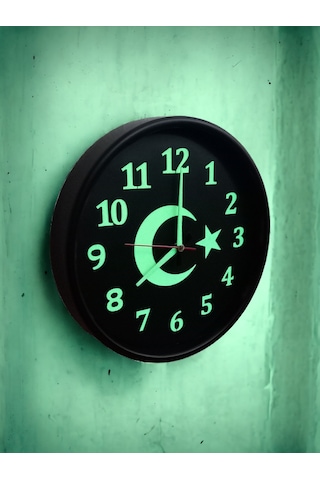 Fosforlu Gece Görünen Ayyıldız Duvar Saati Çap 28 Cm Cam Yok Siyah