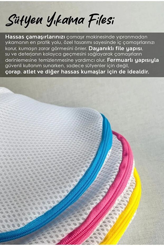 3'lü Fermuarlı Sütyen Yıkama Filesi - Renkli Fermuarlı İç Çamaşırı Yıkama Aparatı Açık Beyaz
