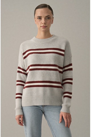 Laluvia Bordo Renkli Çizgili Oversize Triko Kazak - 2516 Bordo