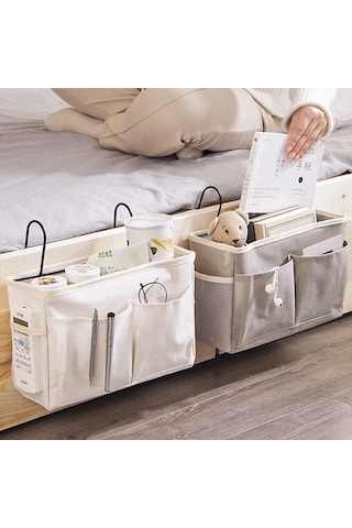Vkemall Yatak Başı Askılı Çanta - Üniversite Yurdu İçin Pratik Saklama Çözümü Beyaz Kumaş Asılı Sepet