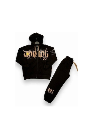 Erkek Çocuk Batik Desenli Beli Paçası Lastikli Eşofman Takım-14686 Siyah