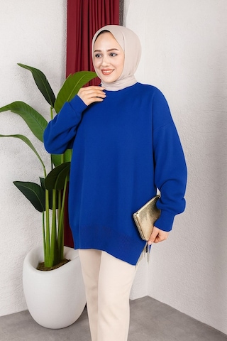 Hira Life Fashion Kadın Testtür Giyim Bisiklet Yaka Yırtmaçı Taşlı Ve Balon Kollu Oversize Şık Triko Tunik Mavi Mavi