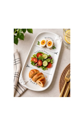 Porsiyon Kontrol Diyet Tabağı 34 Cm Protein Sebze Karbonhidrat Desenli Seramik Sağlıklı Beslenme Servis Tabağı Beyaz