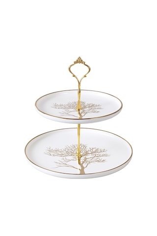 Autumn Hayata Ağacı Desenli Gold Kaplama Detaylı Porselen 2 Katlı Pasta Kurabiyelik Servislik