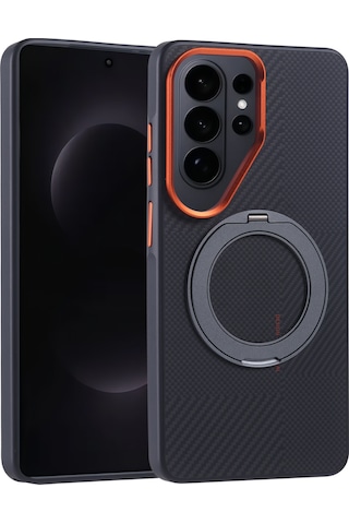 Ardemix Samsung Uyumlu Galaxy S26 Ultra Kılıf M-safe Şarj Özellikli Karbon Fiber Görünümlü Zore Standlı Troy Kapak - Siyah