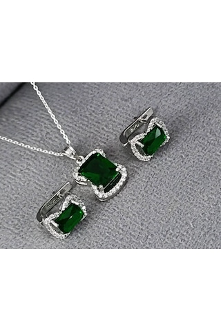 Lilahgümüştr Gümüş Yeşil Baget Taşlı Kadın Kolye Küpe