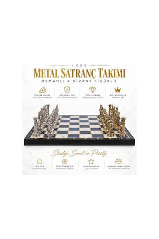 Lüks Metal Satranç Takımı Osmanlı Bizans Figürlü Krom Mavi Mermer Desenli 20x20 Premium Hediye Seti