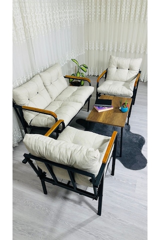 Madame Home Kaktüs Balkon, Bahçe,teras,cafe - Salon - Metal Kanepe Koltuk Takımı - 2 1 1 Sehpa Krem