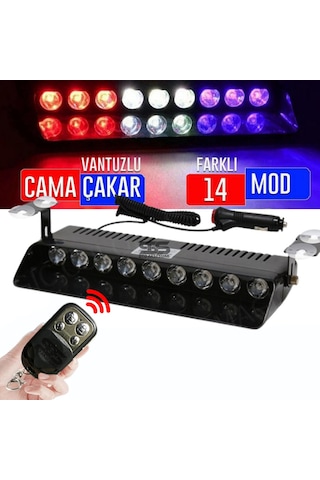 Kumandalı Polis Çakarı Cam İçi Vantuzlu 9 Led Kırmızı Mavi Beyaz Çakmaklık Girişli Ön Arka Cam (STS OTO AKSESUAR)