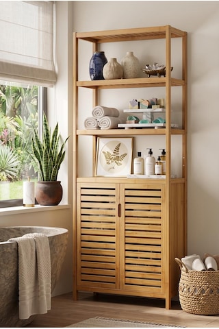 Bambu Banyo Dolabı 6 Raflı Kapaklı Salon Mutfak Çalışma Odası Dolabı Kitaplık Düzenleyici Bej