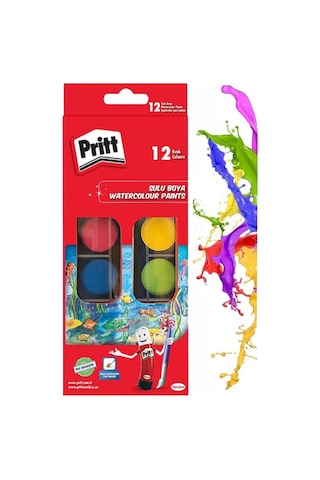 12 Renk Sulu Boya 1 Paket Fırça Hediyeli 12 Li Pritt Suluboya Canlı Renkler 28 Mm Boya Çapı Büyük Boy Çok Renkli