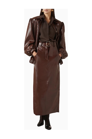 Rowen Rose Belted Maxi Skirt, Lüks Eco Leather Kuşaklı Şık Maxi Etek Kahverengi