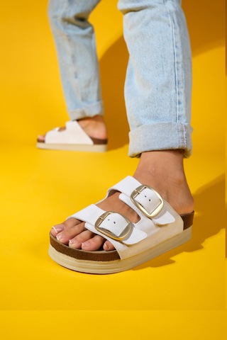 Harbor Beyaz Süet Çift Bantlı Hakiki Deri Kadın Kalın Tabanlı Terlik Beyaz