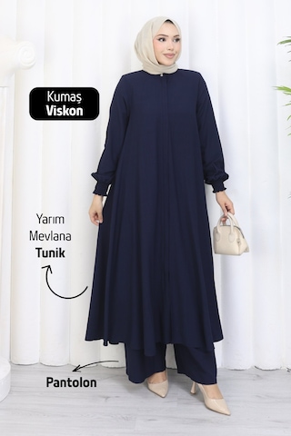 Rahvel Umre Takımı Viskon Kumaş Tunik Pantolon Bir Arada Terletmez İç Göstermez Lacivert