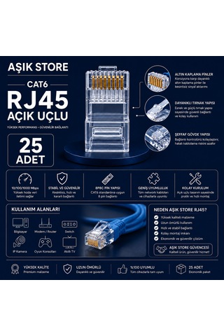 Cat6 Rj45 8p8c Ethernet Konnektör 25 Adet