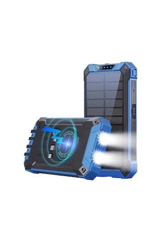 10000mah Powerbank Solar Güneş Enerjili Wireless Kablosuz Şarj Özellikli Taşınabilir Şarj Led Işıklı Mavi