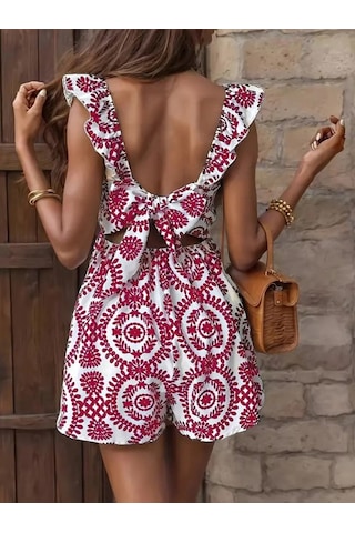 The İstanbul Kadın Askılı Kare Yakalı Arkadan Bağcıklı Desenli Keten Tulum Bordo