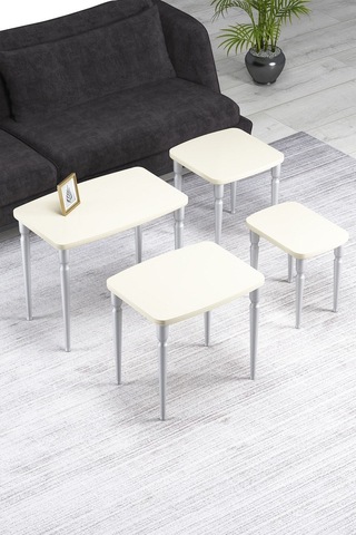 Imaj Mdf Ve Lake Boya, Krem 4lü Zigon Sehpa Takımı, Doğal Vernikli Gürgen Ayaklar Sehpalar Krem Ayaklar Gümüş