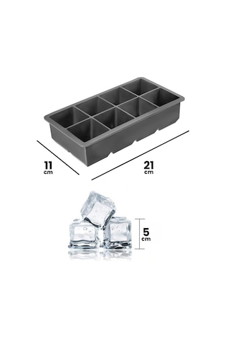 2 Adet Silikon Küp Buzluk Seti, 8 Bölmeli Buz Kalıbı 5cm Küp + 24 Lü Buz Kalıbı 2,5cm Küp Seti Gri