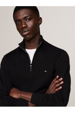 Tommy Hilfiger Pıma Org Ctn Cashmere Zıp Mock Erkek Siyah Kazak - Mw0mw28049 Siyah