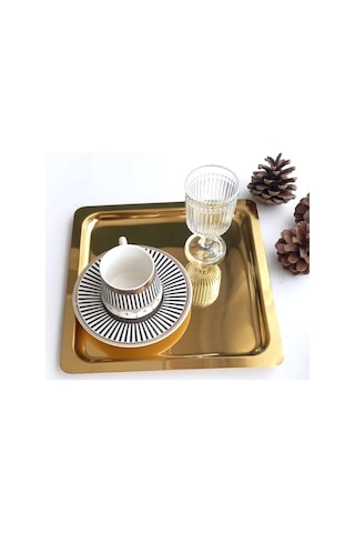 Abant 6 Adet Gold Altın Kare Paslanmaz Çelik Kahve Servis Sunum Tepsi & Tabağı (21X21Cm)