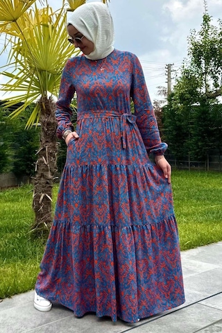 Rabia Şamlı Betül Turuncu Tesettür Elbise Çok Renkli