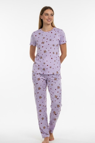 Kompedan Kadın Bisiklet Yaka Yumuşak Dokulu Ayıcık Desenli Kısa Kol Pijama Takım Lila 70132-4752