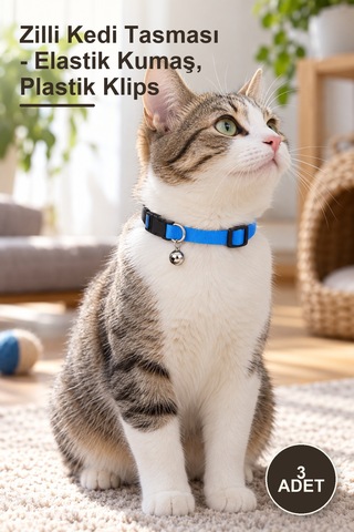 3 Adet Zilli Kedi Tasması - Elastik Kumaş, Plastik Klips