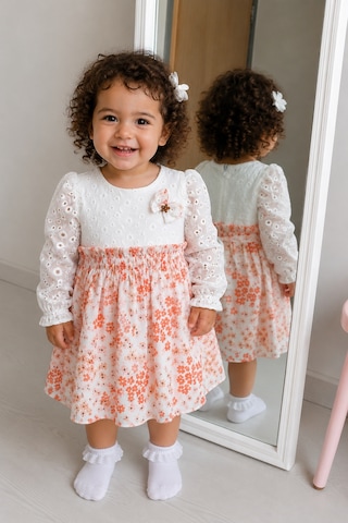 Babyhola Çiçekli Kız Bebek Çocuk Elbise Mevsimlik Bayramlık 13822 Ekru