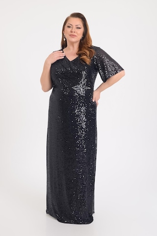Lilas Xxl Kadın Büyük Beden Pul Payetli V Yaka Uzun Abiye Elbise 9646 Siyah Siyah