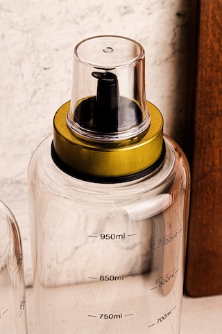 Bottle - 3 Parça Ahşap Standlı Damlatmaz 1 Lt Cam Yağdanlık Borosilikat Yağlık Sirkelik 1000ml SNPBOTTLEGLD3