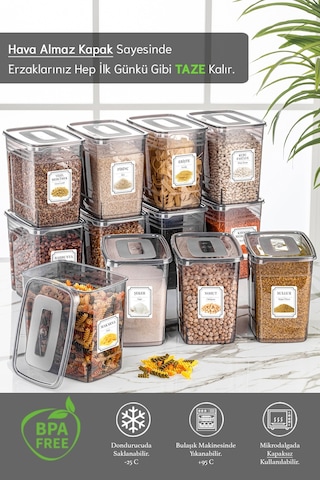 Meleni Home 12'li Mega Set - 3,5 Litre Lena Etiketli Erzak Saklama Kabı - Kiler Dolap Düzenleyici Bakliyat Kabı