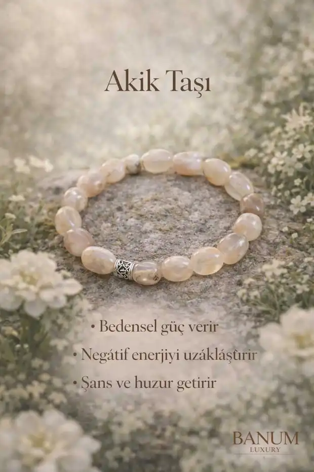Banum Luxury Doğal Akik Taşlı El İşi Tasarım Bileklik Unisex Bej