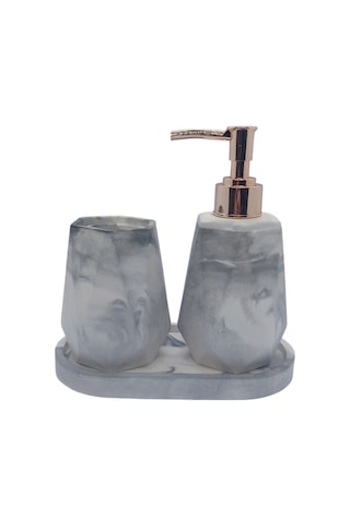 5'li Taş Banyo Seti Sıvı Sabunluk Diş Fırçalık Kase Tepsi Set Beyaz - Gri Mermer Desenli Gri