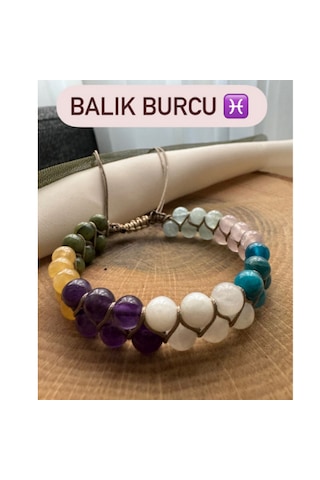 Sertifikalı Balık Burcu Çift Sıra Makrome Doğal Taş Bileklik Çok Renkli