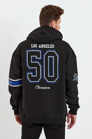 Veraura Lifestyle Erkek Baskılı Kapşonlu Üç Iplik Oversize Sweatshirt - Siyah