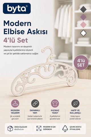 Modern Dekoratif Elbise Askısı 4'lü Set Dayanıklı Şık Tasarımlı Plastik Giysi Askısı Beyaz