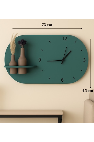 Modern Tasarım Raflı Nera Duvar Saati 75x45 Yeşil