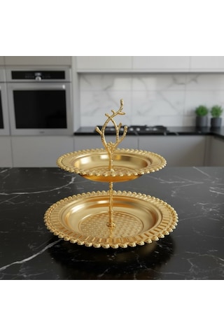 Manolya İki Katlı Yuvarlak Gold Renk Servis Tepsisi Gold