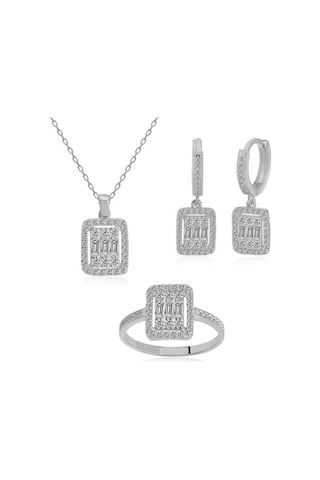 Baget Taşlı Rodyum Kaplama Üçlü Gümüş Set