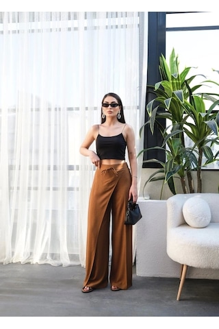 Defymoda Keten Önü Çapraz Parçali Lasti Kli Ve Bağcikli Geni Ş Paça Pantolon Taba