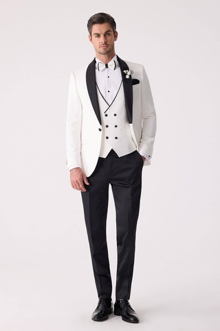 Ysf Erkek Beyaz Damatlık Slim Fit Kırlangıç Yaka Desenli