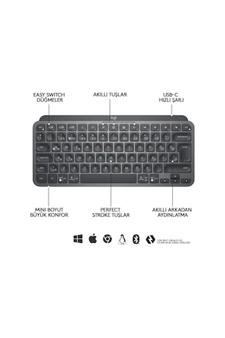Teknoteg - Art - Logıtech Mx Keys Mını Q Tr Klavye Siyah 920-010504