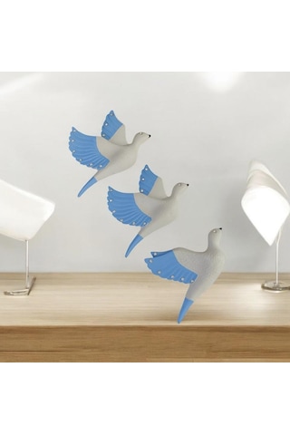Dekoratif Üçlü Kumru Kuş Duvar Dekoru Süs 17 12 Cm Mavi Renk 3 Lü Set