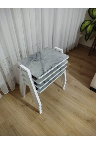 Zigon Sehpa 4'lü Mermer Desenli Tepsi Model Buz Mermer Desen Beyaz Ayak Buz Gri Mermer Desenli