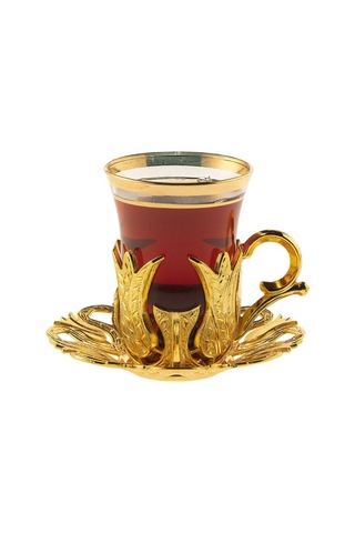 Çay Sunum Seti Tepsili Metal Gold Hanedan Model
