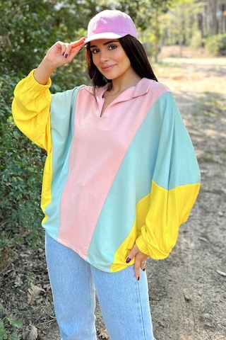Kadın Pembe Polo Yaka, Yarasa Kol, Lastikli Manşet, Asimetrik Color Block, Salaş Sweatshirt Bluz Pembe