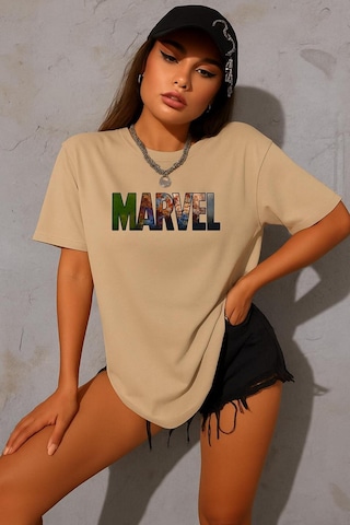 Marvel Baskılı Oversize T-shirt Bej