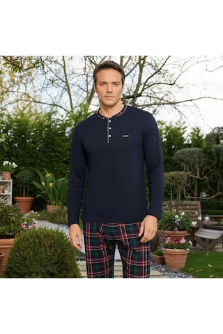 Pijamoni Erkek Standart Kalıp Pamuklu Düğme Yaka Uzun Kol Baharlık Pijama Takımı 6300/6l - 1 Adet Lacivert