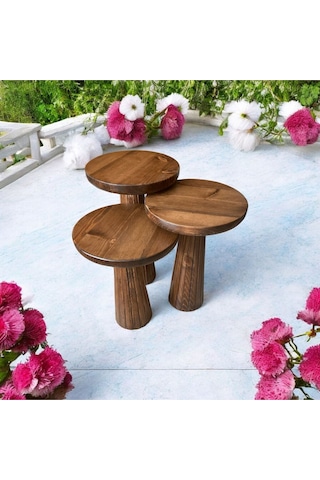 Simillo Wood Wooden Ahşap 3 Lü Set Fitilli Mantar Yan Sehpa Modern Ceviz Renk Fisko Kod:15948405111 Ceviz